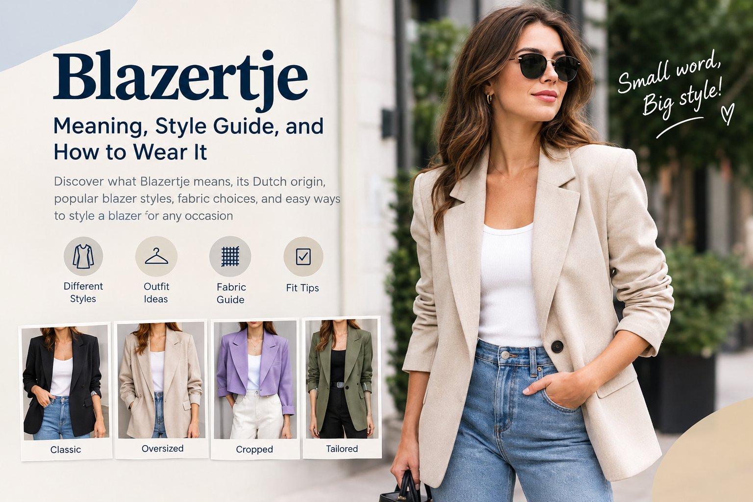 Woman wearing a cream blazer with blue jeans, showcasing modern Blazertje fashion and casual styling. Copy