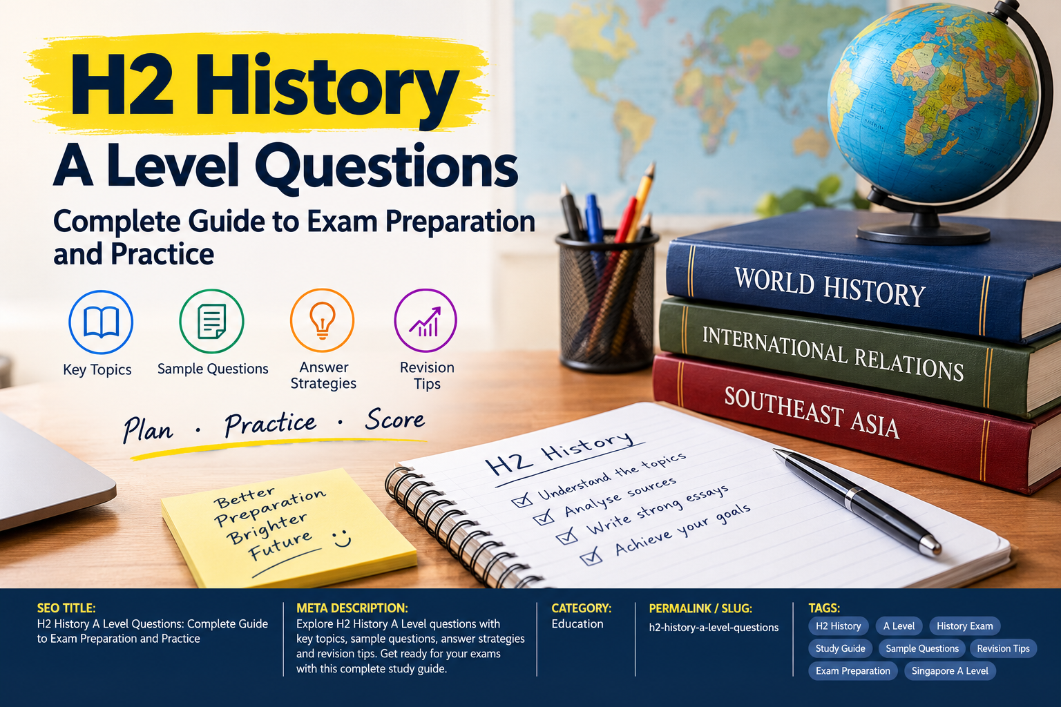H2 History A Level questions study guide with history books, a globe, and revision notes.