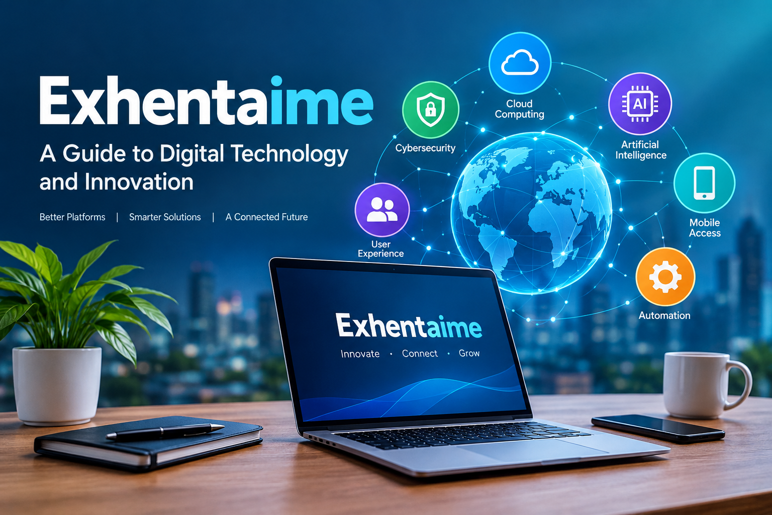 Exhentaime technology and digital innovation concept featuring cloud computing, cybersecurity, artificial intelligence, and connected devices.